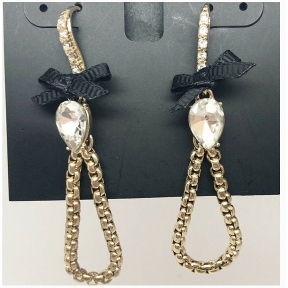 INC Crystal Black Bow Gold Open Drop Earrings Fashion Jewelry MSRP $24.50 NEW - Picture 1 of 3